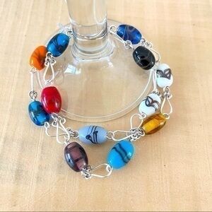 $49 SALE Handmade Chunky Colorful Double Strand Glass Bead Bracelet Hand Linked